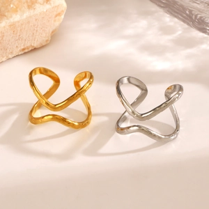 Stainless Steel Ring Minimalist Wave Design Double Layer Lines Hammered Texture Adjustable Fashionable Jewelry For Women