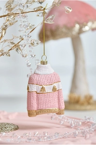 Pink resin Christmas sweater ornament with gold tree relief detail and glitter branch