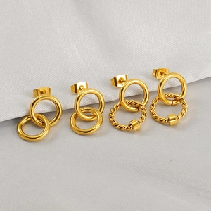 Vintage interlocking geometric gold stainless steel stud earrings in smooth and twisted styles