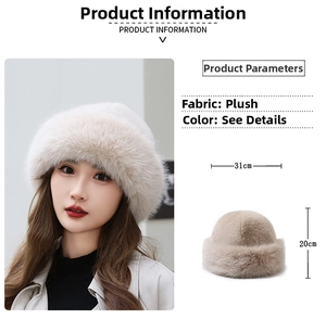 Detail view of plush faux fur beanie for women with dimensions 31cm wide and 20cm high