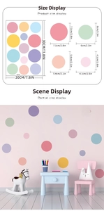 Size chart showing multi-colored star and dot wall stickers from 4.1cm to 7.1cm