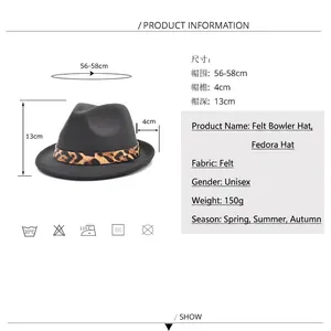 Black wool felt fedora hat with leopard print belt and product size measurements