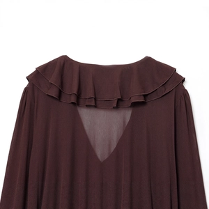 Chocolate brown V-neck long sleeve dress with layered ruffles and sheer mesh back design
