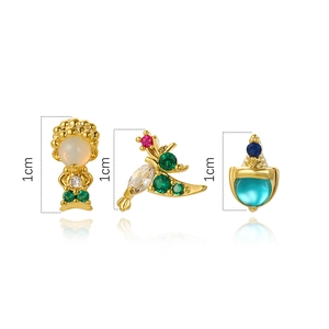 Detailed view of 1cm gold stud earrings set with colorful zircon and opal stones