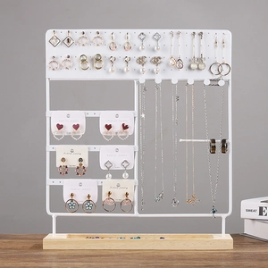 Jewelry Display Stand Metal And Wood Earring Organizer Necklace Holder Desktop Rack For Rings Bracelet Storage