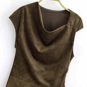 Deep brown faux suede sleeveless dress with chic ruched neckline on white background