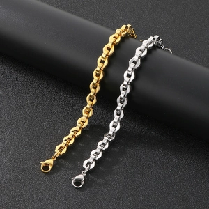 Detail showing interlocking geometric chain bracelets in polished gold and silver steel