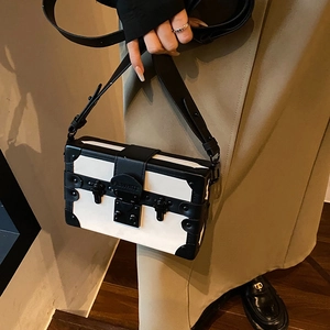 Fashionable black and white color-block box crossbody bag with metal rivets for women