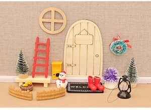 Miniature Christmas dollhouse set with red ladder, wood door and festive decorations