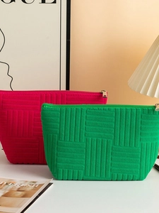 Large capacity plush towel fabric cosmetic bag set with stripe texture and metal zippers