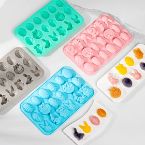 Silicone Easter molds for chocolate and candy featuring rabbit and egg shapes in 4 colors