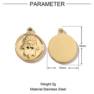 Detailed parameter diagram showing 18mm gold Hamsa Hand pendant dimensions and material
