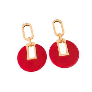 18K gold plated silver needle geometric earrings with red round resin pendants