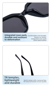 Detail of integrated nose pads and lightweight TR temples on black cat-eye sunglasses