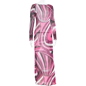 Detail of pink geometric wave print on breathable long sleeve slim fit maxi dress