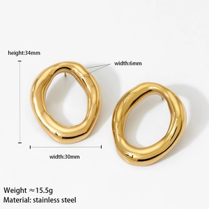 Golden irregular geometric stainless steel hoops earrings for women in professional studio view