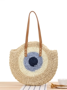 Round Woven Shoulder Bag Paper Rope Eye Pattern Summer Beach Vacation Large Capacity Travel Tote For Women