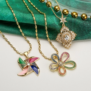 Copper Gold Plated Windmill Flower Pendant Necklace With Zircon Irregular Geometric Starburst Jewelry For Women