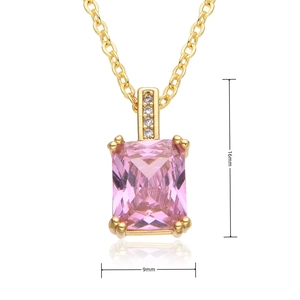 Detailed close-up of pink rectangular zircon necklace with gold chain and 16x9mm dimensions