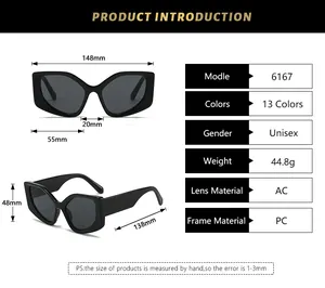Detailed size chart for irregular cat eye sunglasses including frame width and lens dimensions