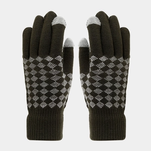 Close-up of olive green touch-screen knit gloves with gray diamond pattern and elastic cuffs