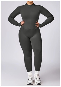 Front view of women's dark grey plus size sports set with stand collar jacket and leggings