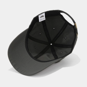 Internal view of grey quick-dry cotton baseball cap with adjustable metal strap and sweatband