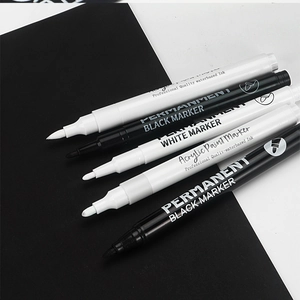 Detail of white and black acrylic paint markers showing tip design and permanent ink text