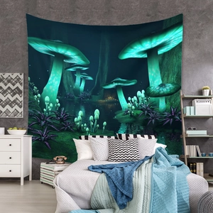 Detailed view of bohemian mushroom tapestry with glowing blue fantasy forest pattern