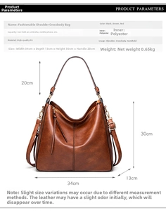 Detailed size specifications for the large brown PU leather tote and crossbody handbag