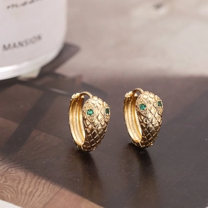 Vintage Punk Snake Head Hoop Earrings Copper Green Rhinestone Eyes Stainless Steel Post Unisex Animal Jewelry Gold Silver