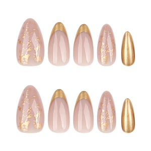 Sparkling pearlescent almond press-on nails with gold foil and French tips, 10-piece set