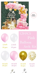 Detailed 129-piece pink balloon arch kit with gold sequins for birthday party decoration
