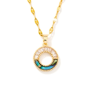 Vintage gold necklace with a round zircon pendant and iridescent mother of pearl detail
