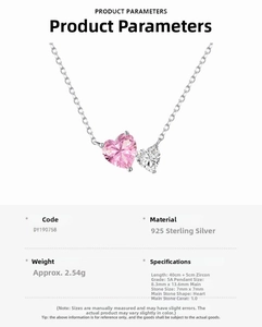 Detailed view of S925 sterling silver necklace with pink and white heart-shaped zircons
