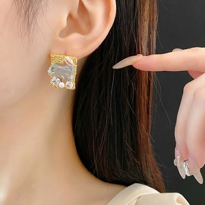 French vintage gold square studs with blue crystal, rhinestones and pearl accents