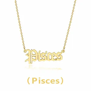 Detail of gothic style Pisces pendant necklace in gold finish on a white background