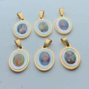 Detail of six gold oval religious pendants with mother of pearl inlay and saint portraits