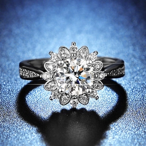 Macro shot of silver crown ring with brilliant round cut moissanite and multi-prong setting