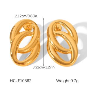 Detail view of gold stainless steel double hoop earrings with precise size measurements