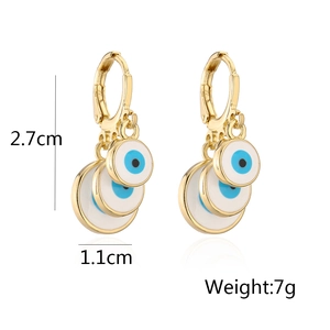 Detail view of evil eye drop earrings with dimensions 2.7cm height and 1.1cm width