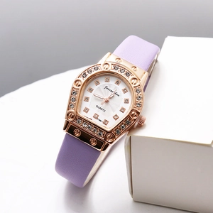 Elegant ladies quartz watch with purple leather strap and rose gold crystal bezel