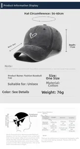 Detailed size chart for vintage washed grey cotton baseball cap with heart embroidery