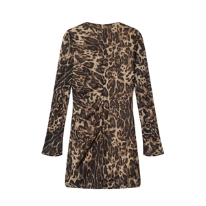 Slim fit long sleeve leopard print mini dress with elegant ruched back detail