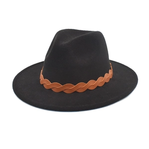 Classic black wool fedora hat with brown braided leather band for men and women