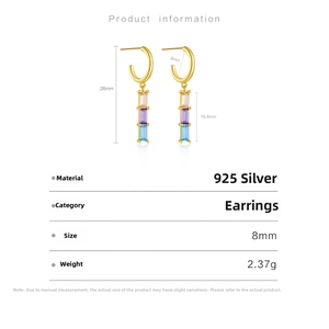 Detailed size specifications for 925 sterling silver long earrings with colored cubic zirconia