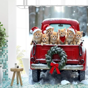 Christmas shower curtain with festive orange cats in a vintage red pickup truck over snow
