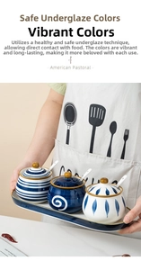 Detailed view of hand-painted blue ceramic condiment jars set with spoons and a tray