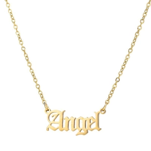 Gold Angel necklace featuring a gothic script pendant on a minimalist stainless steel chain