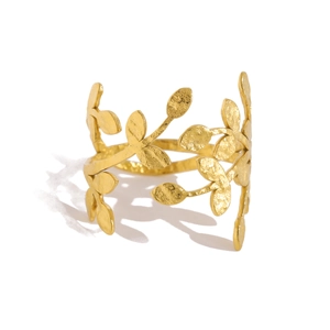 Minimalist 18K gold hollow leaf ring in stainless steel with a matte textured finish